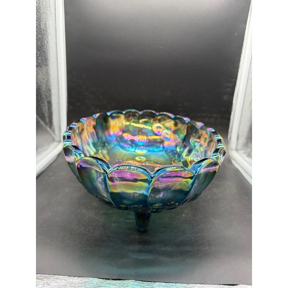 Vintage Indiana Glass Harvest Grape Blue Carnival Glass Footed Oval Bowl 12.5in